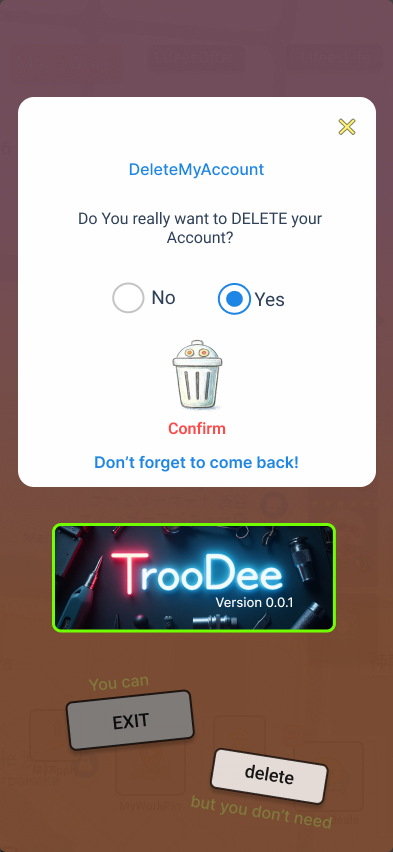 TrooDee dialog asking to confirm the account deletion